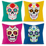 WATINC 4Pcs Day of The Dead Pillow Covers Sugar Skull Floral Throw Pillowcase Dia De Los Muertos Linen Square Cushion Cases Mexican Fiesta Festival Party Decorations for Sofa Couch Bed Car 18 x 18 in