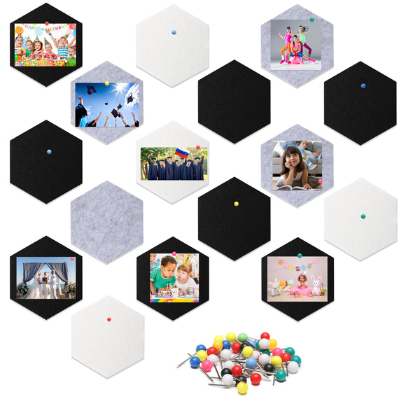 WATINC Pack of 16 Bulletin Boards Self-Adhesive Hexagon Felt Pin Board Tiles Memo Notice Board Squares without Drilling Holes with Push Pins for Home Office Classroom Wall Decor Black Grey White Style