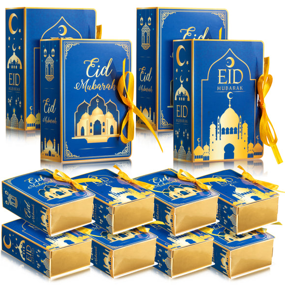WATINC 12Pcs Ramadan Eid Mubarak Favor Boxes Treat Box Night Lights Moon Stars Mosque Blue Party Favors Candy Gift Wrap Boxes with Golden Ribbon for Supplies Snack Sugar Chocolate Decorations 2 Styles