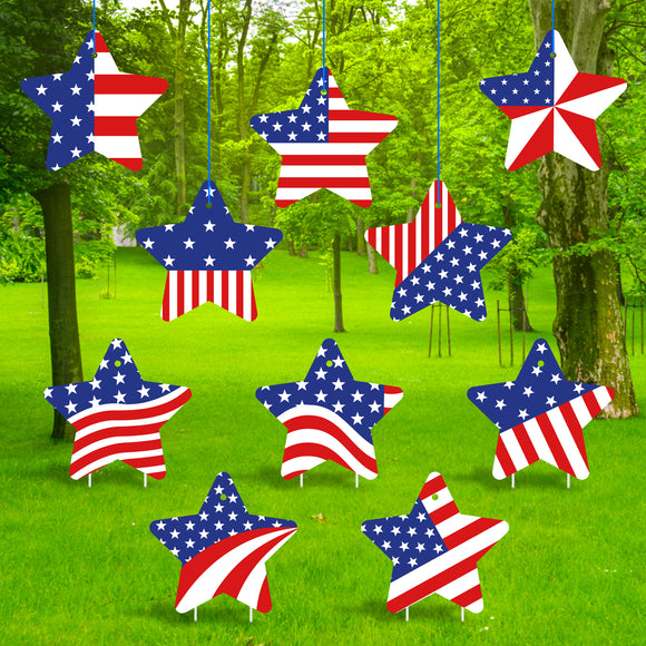 WATINC 10Pcs 4th of July Yard Sign Hanging Ornaments Patriotic Star Waterproof Lawn Signs Independence Day Party Decorations Supplies Photo Props for Outdoor Garden Tree Wall with Stakes & Ribbons