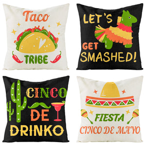 WATINC 4Pcs Cinco De Mayo Fiesta Sombrero Throw Pillow Covers Let’s Get Smashed Drinko Taco Tribe Cushion Cases Linen Cloth Mexican Party Pillowcase Decoration for Sofa Home Car Couch 18 x 18 Inches