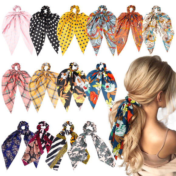 WATINC 14 Pcs Bowknot Hair Scrunchies Silk Satin Scarf Hair Ties Chiffon Floral Scrunchie 2 in 1 Vintage Ponytail Holder with Bows Dot Checks Pattern Hair Scrunchy Accessories Ropes for Women