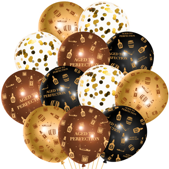 WATINC 36Pcs Whiskey Latex Balloon, Black Gold Brown Sequin Multi Pattern Foil Balloons Party Decorations, Background Photo Booth Props Decor for Whiskey Vintage Themed Party Supplies( 12 Inches)