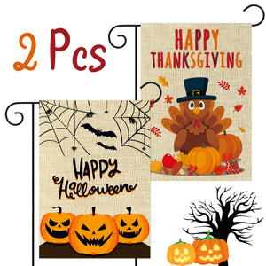 WATINC 2Pcs Happy Halloween Thanksgiving Garden Flag Scary Pumpkins Spooky Bats Lovely Turkey Harvest Fall Decorations Double Sided Burlap House Flags for Home Decor Indoor Outdoor 12.4 x 18.3 Inch