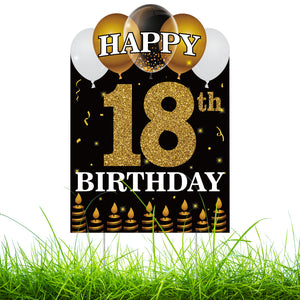 WATINC Happy 18th Birthday Yard Sign with Metal Stakes Double Sided Printing Large Waterproof Lawn Signs Gold White Balloons Black Outdoor Party Decorations for 18 Years Old Boys Girls 11.8 x 16.9 in