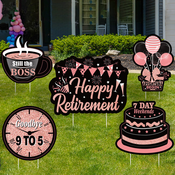 WATINC Set of 5 Happy Retirement Yard Signs with Stakes Rose Gold Large Waterproof Lawn Sign Goodbye 9 TO 5 Still the BOSS Retired Themed Party Decorations Supplies Photo Props for Outdoor Garden