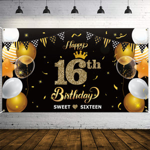 WATINC Happy 16th Birthday Backdrop Banner Sweet Sixteen Background Banners 78" x 45" Extra Large Backdrops Balloons Black Gold Party Decorations Supplies