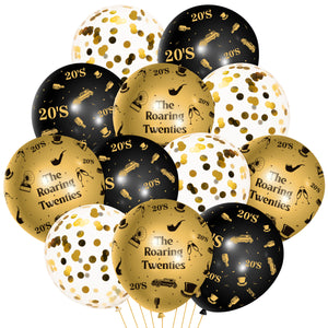 WATINC 36Pcs 20s Latex Balloons Set with Ribbon, The Roaring Twenties Gold Black Confetti Sequin Balloon Party Decorations, Birthday Photo Booth Props Supplies Decor for Classroom Home Wall (12 Inch)