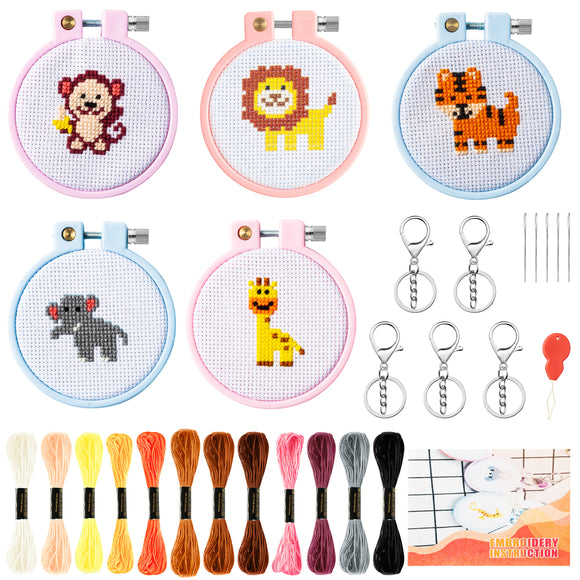 WATINC 5Pcs Embroidery Kit for Kids Stamped Cross Stitch DIY Key Chain with Safari Jungle Animals Patterns Needlepoint Starter Kits Educational Art Craft Supplies for Beginners Teens Adults Schoolbag