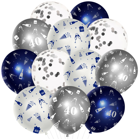 WATINC 36Pcs 40th Navy Blue and Silver Latex Balloons, 40 Years Old Birthday Confetti Balloon Party Decor, Anniversary Theme Party Photography Backdrop Favor Supplies Decoration for Men Women (12 Inch)