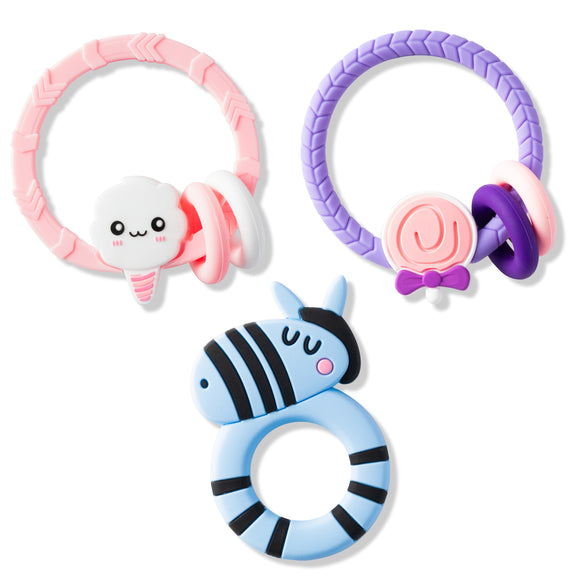 WATINC 3pcs Baby Teething Rings, Silicone Teether with Rattle Sensory Teething Relief Soothing Teether Toys Soothes Baby Gum Pain, Lollipop Marshmallow Zebra Biting Ring Oral Chew Tools for Infants