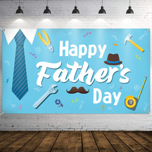 WATINC Happy Father’s Day Backdrop Banner 78” x 45” Extra Large Blue Background Banners Shirt Tie Hat Moustache Polyester Backdrops Party Decorations Photo Booth Prop for Indoor Outdoor