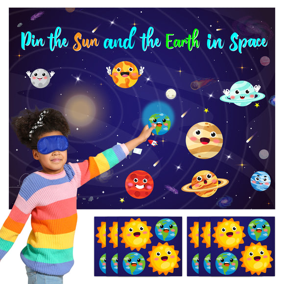 WATINC Pin The Sun and Earth in The Space Solar System Sticker Game Poster, Universe Planet Birthday Party Game Toy for Kids, Outer Space Poster Stickers Decor Children Birthday Party Favors Supplies