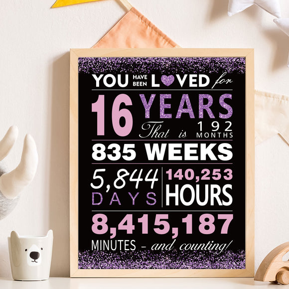 WATINC Sweet 16 Years Party Poster, Black Purple You Have Been Loved for 16 Years, 16 Year Old Birthday Decorations Art Prints, 16th Anniversary Décor Gifts for Boys Girls Men Women Unframed 11