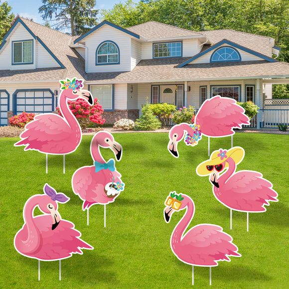 WATINC Set of 6 Pink Flamingo Yard Signs with Stakes Large Waterproof Summer Beach Sunglasses Flower Lawn Sign Tropical Luau Party Decorations Supplies Photo Props for Outdoor Garden Sidewalks