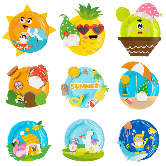 WATINC 9Pcs Summer Gnomes Paper Plate Art Kits for Kids Holiday Beach Gnome DIY Craft Pineapple Cactus Flamingo Hawaiian Aloha Luau Tropical Party Favors Preschool Classroom Activities for Boys Girls