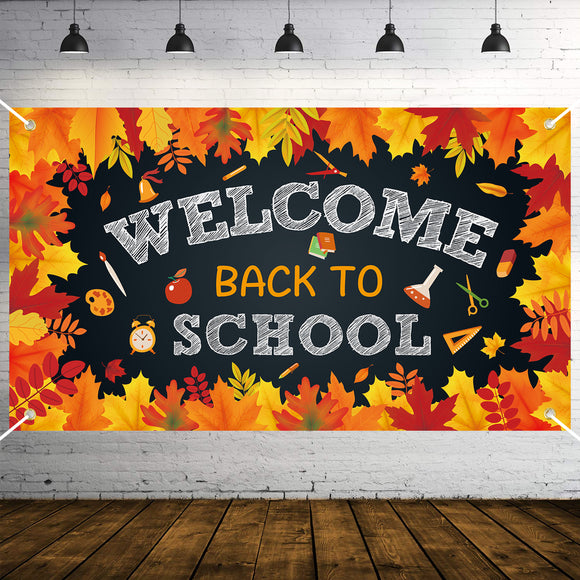 WATINC Back to School Fall Leaves Welcome Backdrop Banner Extra Large First Day of School Background Autumn Classroom Party Decorations Supplies Photo Booth for Indoor Outdoor Wall 78 x 45 Inch