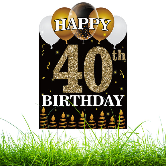 WATINC Happy 40th Birthday Yard Sign with Metal Stakes Large Waterproof Lawn Signs Gold White Balloons Black 40 Years Anniversary Outdoor Party Decorations 11.8 x 16.9 in