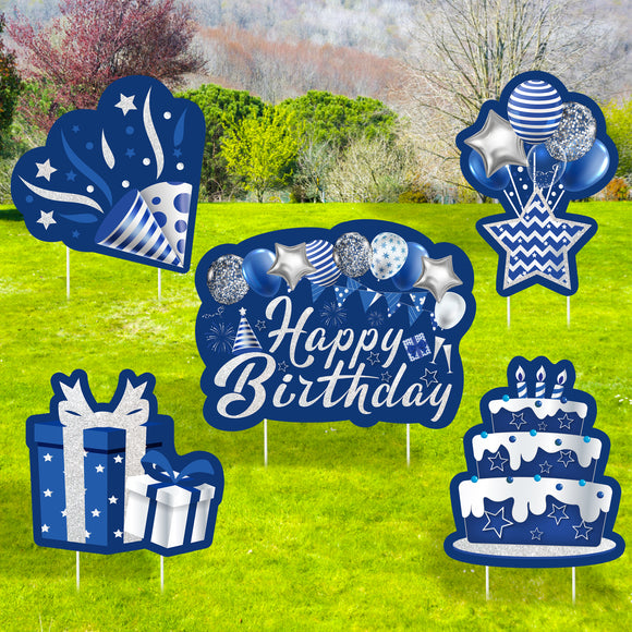 WATINC Set of 5 Navy Blue Happy Birthday Yard Signs with Stakes Large Waterproof Lawn Sign Glittery Balloons Cake Gift Box Ribbons Birthday Party Decorations Supplies Photo Props for Outdoor Garden