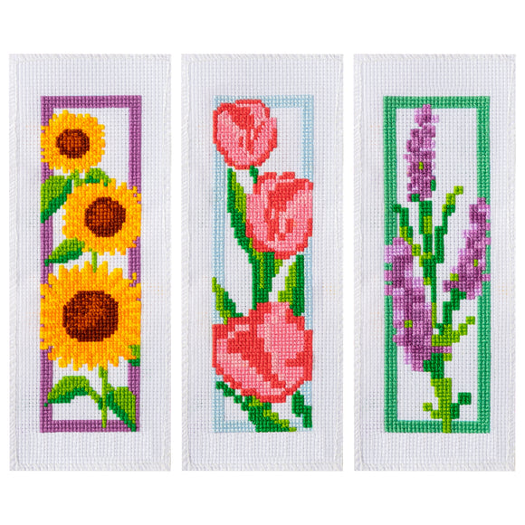 WATINC 3Pcs Cross Stitch Bookmark Kits Flower Patterns DIY Stamped Embroidery Bookmarks for Beginners Tulip Sunflower Lavender Needlepoint Starter Kits Craft Supplies Handmade Gifts for Book Lovers