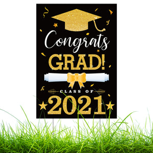 WATINC Graduation Yard Sign with Metal Stakes Congrats Grad Class of 2021 Double Sided Printing Large Waterproof Black Golden Lawn Signs Party Decorations Supplies for Outdoor 11.8 x 16.9 Inch