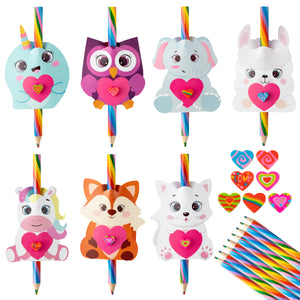 WATINC 28 Packs Valentine's Day Cards with Rainbow Pencils & Heart-Shaped Erasers Valentines Animal Stationery Exchange Gift for Kids Classroom School Prize Award Party Favor for Students Boys Girls