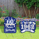 WATINC 2Pcs Happy 60th Birthday Yard Signs with Stakes 60 Years Old Made in 1962 Navy Blue and Silver Large Waterproof Lawn Sign Garden Outdoor Decorations Bday Party Supplies for Elder Men Women