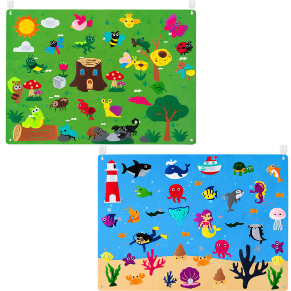 WATINC 2Pack Insect & Under The Sea Felt Story Board Grass Caterpillar Butterfly Ocean Creatures Mermaid Shark Storytelling Preschool Early Learning Play Kit Wall Hanging Gift for Toddlers Kids