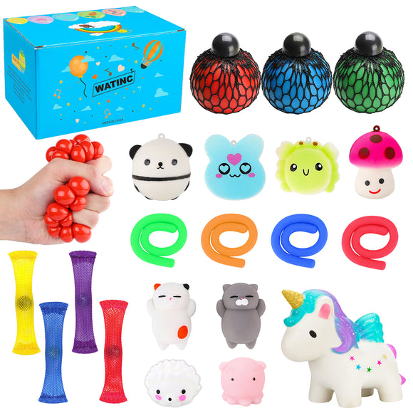 WATINC 20 Pack Sensory Fidget Toys Set, Kawaii Squeeze, Mochi Squeeze, Squeeze Ball, Mesh and Marble Toy, Stretchy String, Colorful Sensory Fidget Stretch Toy for ADHD Autism Stress Anxiety Relief