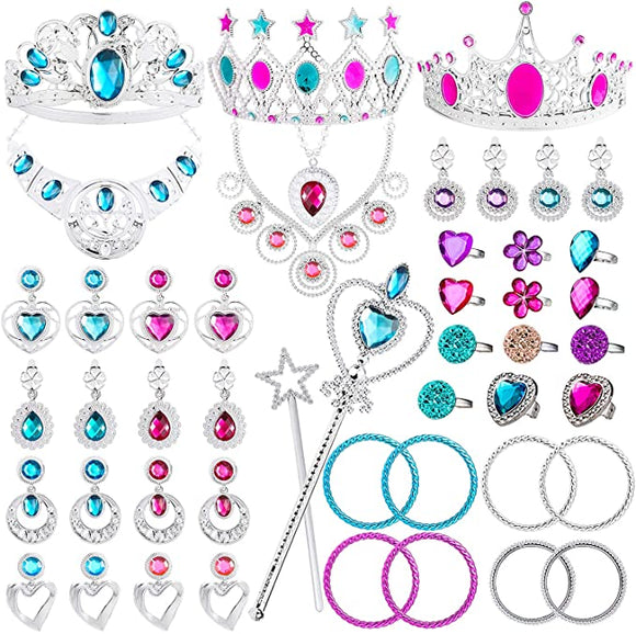 WATINC 48Pack Princess Pretend Jewelry Toy,Girl’s Jewelry Dress Up Play Set,Included Crowns, Necklaces,Wands, Rings,Earrings and Bracelets,48 Pack