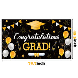 WATINC Graduation Background Banner 78" x 45" Extra Large Backdrops Congratulations Grad Cap Diploma Balloons Champagne Black Gold Party Decorations Supplies for Indoor Outdoor Photo Booth Props