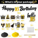 WATINC 42pcs 16th Black Gold Party Decorations for Boys Girls, 16 years Happy Birthday Banner Party Supplies Anniversary Decorations, 16th Birthday Cake Sparkling Party Balloon Celebration Hat & Gift