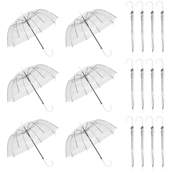 WATINC 18 Pack 46 Inch Clear Bubble Umbrella Large Canopy Transparent Stick Umbrellas Auto Open Windproof with European J Hook Handle Outdoor Wedding Style Umbrella for Adult