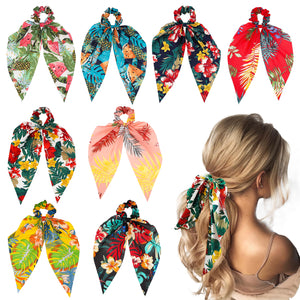 WATINC 8 Pcs Bowknot Hair Scrunchies Bohemian Chiffon Floral Scrunchie Scarf Hair Ties Ponytail Holder with Bows Flower Pattern Hair Scrunchy Accessories Ropes for Women