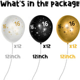 WATINC 36Pcs 16th Birthday Latex Balloons, 12inch Black Gold White Balloon for Official Teenager Happy 16th Birthday Decorations, Anniversary Party Supplies,16th Party Sign for 16 Years Old Boys Girls