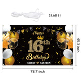 WATINC Happy 16th Birthday Backdrop Banner Sweet Sixteen Background Banners 78" x 45" Extra Large Backdrops Balloons Black Gold Party Decorations Supplies