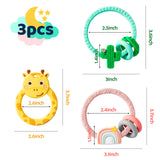 WATINC 3pcs Baby Teething Rings, Silicone Teether with Rattle Sensory Teething Relief Soothing Teether Toys Soothes Baby Gum Pain, Colorful Cactus Fawn Biting Ring Oral Chew Tools for Infants Girl Boy