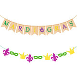 WATINC 2pcs Mardi Gras Burlap Banner, Purple Green Gold Fleur-de-lis Mask Crown Felt Garland for Masquerade Party, Fat Tuesday Party Supplies,Carnival Party Indoor Outdoor Photo Props Hanging Decor