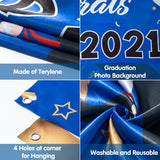 Roll over image to zoom in        WATINC 2021 Graduation Photo Banner Booth Frame, Blue Hanging Backdrop with Cute Cartoon Graduations Gown Cap Boy and Girl Pattern, Grad Party Pose Sign Supplies, Selfie Props for Photography