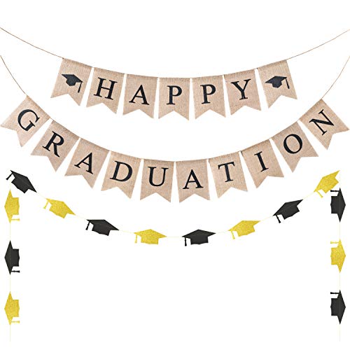 WATINC 3pcs Graduation Burlap Banner, Happy Graduation Banner and Glitter Grad Cap Garland for 2021 Graduation Decorations, Grad Party Favors Supplies, 2021 Graduation Home Decor for Mantle Fireplace