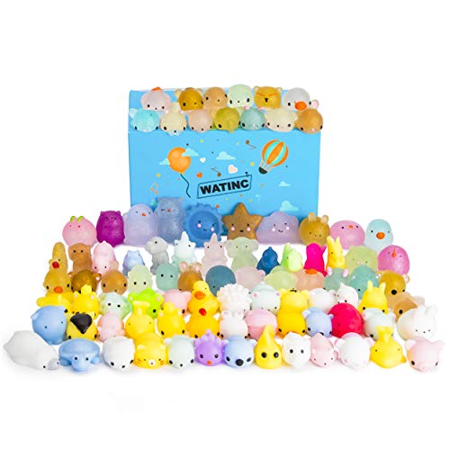WATINC Random 70Pcs Mochi Squeeze Toys for Party Favors, Squeeze Cat Stress Relief Toys, Birthday Gifts for Girls & Boys, 30Pcs 2nd Generation Glitter Squeeze and 40Pcs Mochi Squeeze Toy, Egg Fillers