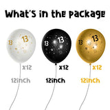 WATINC 36Pcs 13th Birthday Latex Balloons, 12inch Black Gold White Balloon for Happy 13th Birthday Decorations, Anniversary Party Supplies,13th Party Sign for 13 Years Old Boys Girls