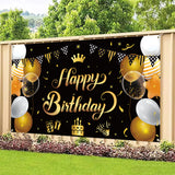 WATINC Happy Birthday Backdrop Banner Black Golden Background Banners 78” x 45” Extra Large Backdrops Balloons Party Decorations Supplies for Indoor Outdoor Photo Booth Props