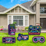 WATINC Set of 5 Neon Video Game Happy Birthday Yard Signs with Stakes Game On Go Win Level up Bonus Point Large Waterproof Lawn Sign Gaming Theme Birthday Party Decorations Supplies for Outdoor Garden