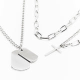 WATINC 4pcs Pendant Necklace with Lock and Key Cross Statement Necklaces Long Three Layers Punk Choker Stainless Steel Chains for Rapper Silver Multilayer Double layer Chain Accessories for Women Men