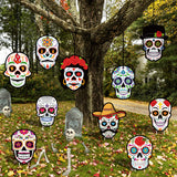 WATINC 10Pcs Day of the Dead Yard Sign Hanging Ornaments Sugar Skull Skeleton Dia De Los Muertos Outdoor Lawn Decorations Mexican Fiesta Festival Party Supplies for Garden Tree with Stakes & Ribbons