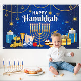 WATINC Happy Hanukkah Backdrop Banner Extra Large Blue and Gold Chanukah Menorah Dreidel Hexagram Grid Jewish Themed Party Festival Holiday Background Supplies for Wall Indoor Outdoor 78 x 45 Inch