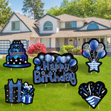 WATINC Set of 5 Happy Birthday Yard Signs with Stakes Blue Black Large Waterproof Lawn Sign Glittery Balloons Cake Gift Box Ribbons Birthday Party Decorations Supplies Photo Props for Outdoor Garden