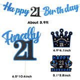 WATINC 42pcs 21st Blue Birthday Banner Party Decorations, Hello 21 Glitter Hanging Garlands Swirls Signs for 21 Years Old Boys Girls, Cake Topper Centerpieces Decor Party Supplies