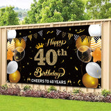 WATINC Happy 40th Birthday Backdrop Banner Cheers to 40 Years Background Banners 78” x 45” Extra Large Backdrops Balloons Black Gold Party Decorations Supplies for Indoor Outdoor Photo Booth Props